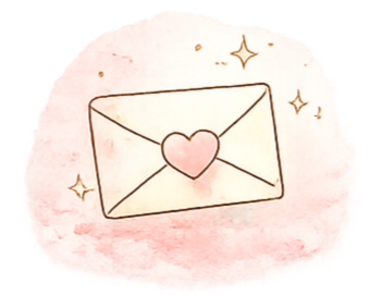 A hand-drawn illustration of an envelope with a pink heart in the center, surrounded by small gold stars on a pink watercolor background.