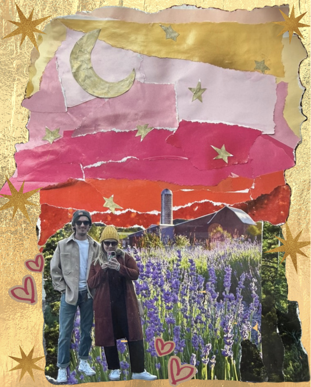Collage of Kelsey and her partner in a field at sunset