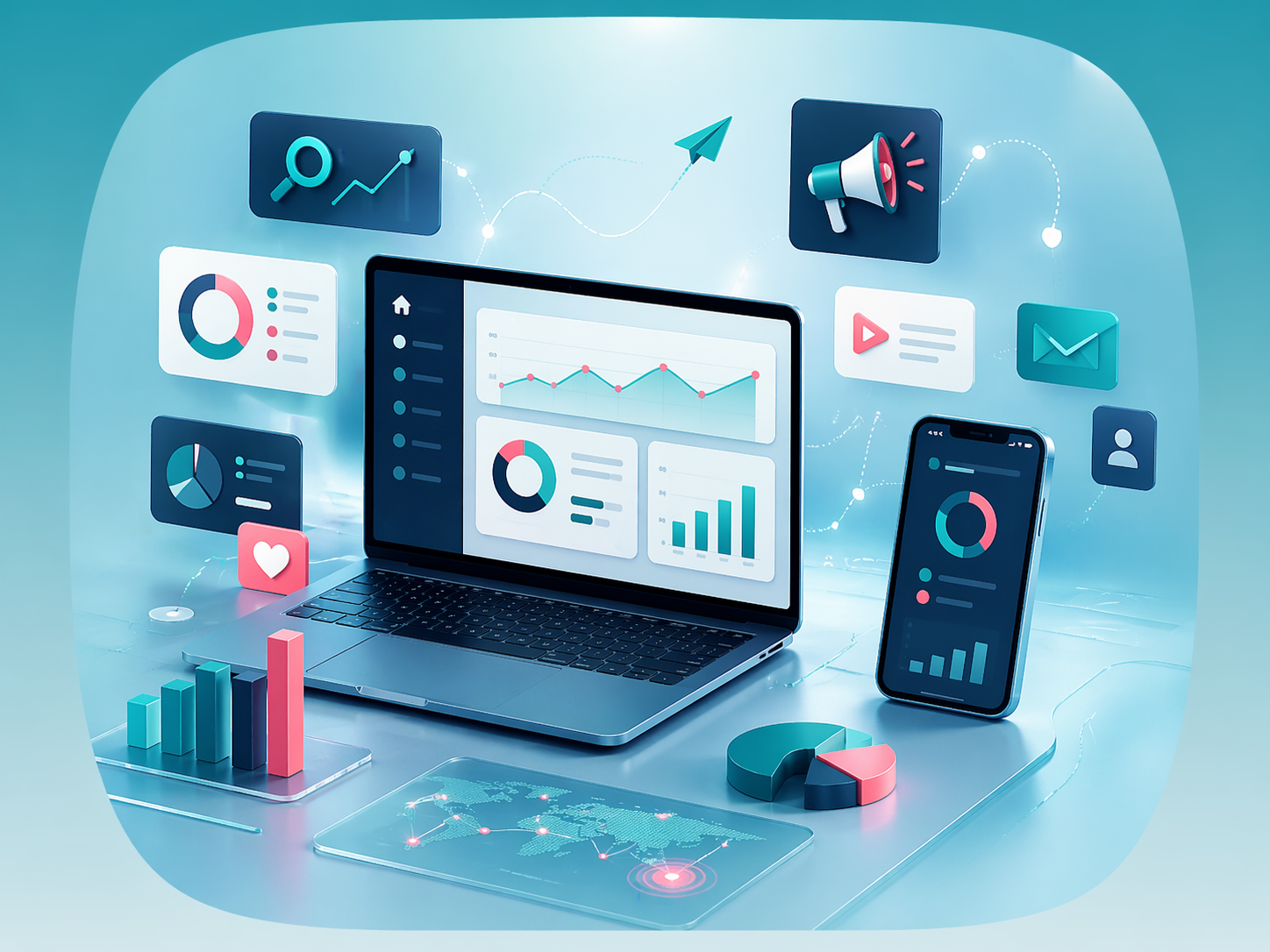 A digital illustration of data analytics and marketing tools, showing a laptop and smartphone with charts and graphs, surrounded by icons for search, growth, email, and social media.