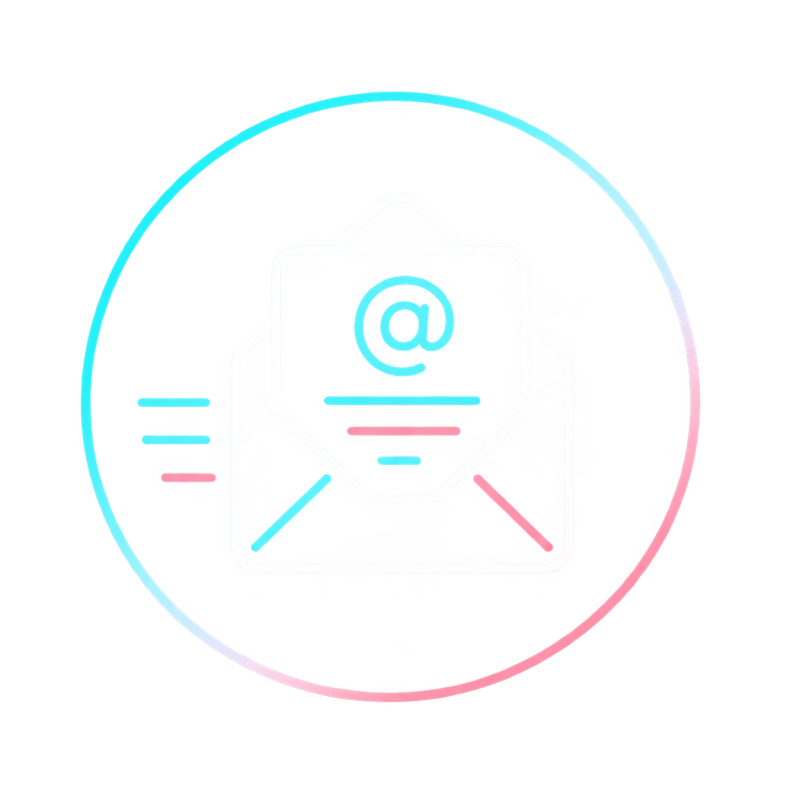 A digital graphic of an envelope with a sheet of paper displaying an “@” symbol, representing email communication in gvb digital marketing brand colors.