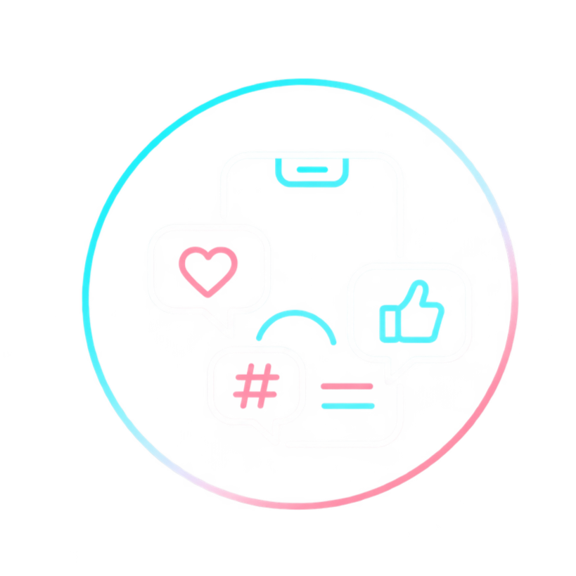 A digital graphic of a smartphone surrounded by speech bubbles containing a heart, thumbs‑up, and hashtag symbol, representing social media engagement in gvb digital marketing brand colors.
