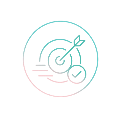 digital icon of target with an arrow hitting the bullseye, accompanied by a checkmark inside a hexagon, indicating digital marketing achievement or success