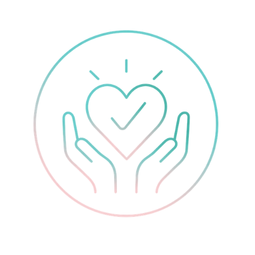 digital icon of two hands cradling a heart with a checkmark inside it, symbolizing care and support from gvb digital marketing agency
