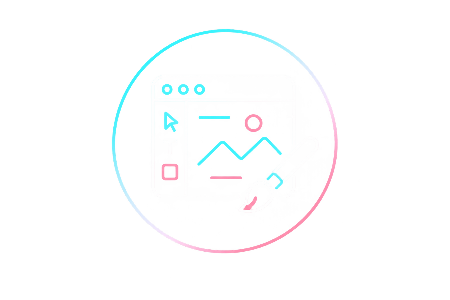 A digital graphic showing a stylized design interface with a cursor, text symbol, image placeholder, and paintbrush, representing creative design tools in gvb digital marketing brand colors