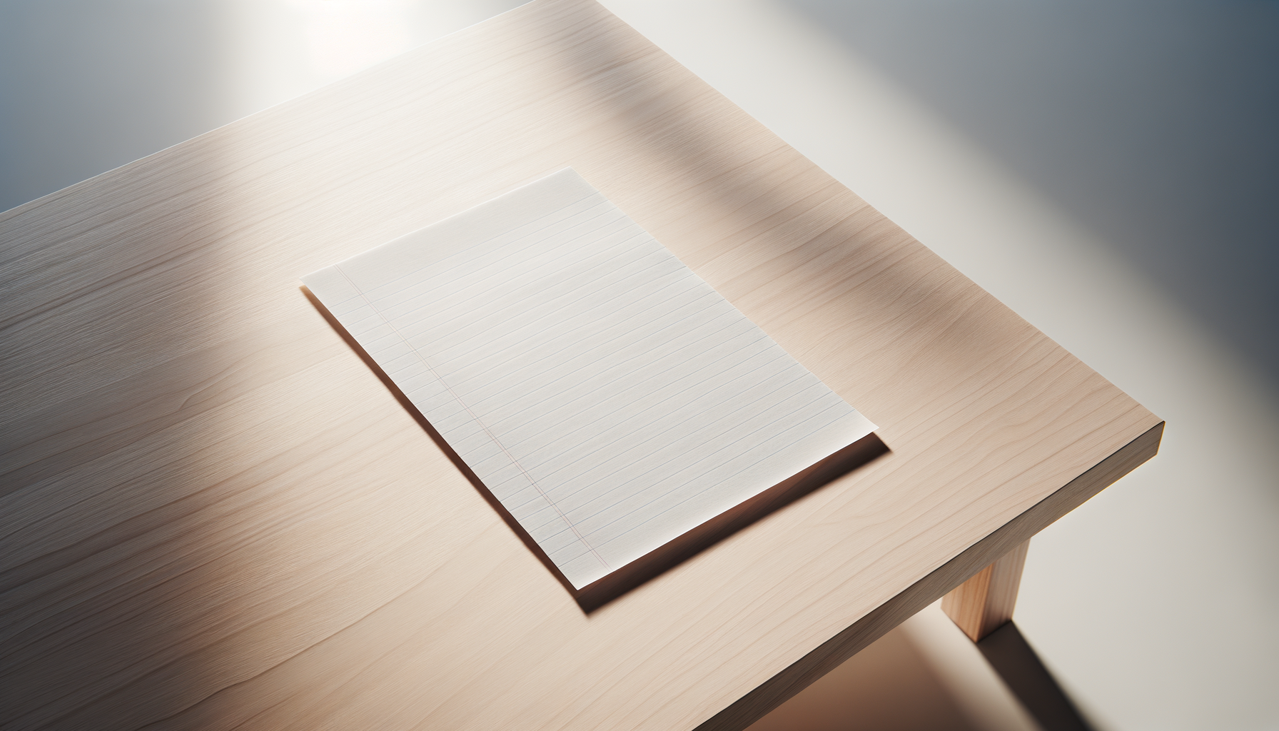 A blank lined sheet of paper on a light wood table with sunlight casting shadows.