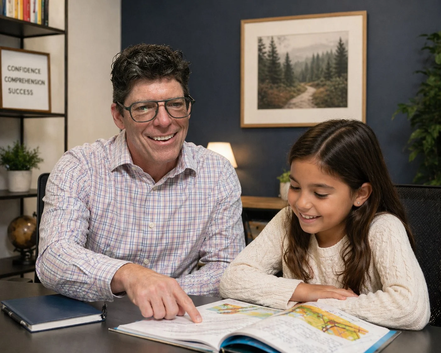A man and girl sitting at a desk reading a book together. The man points at the book and the girl smiles. The background has framed pictures, plants, and a lamp.