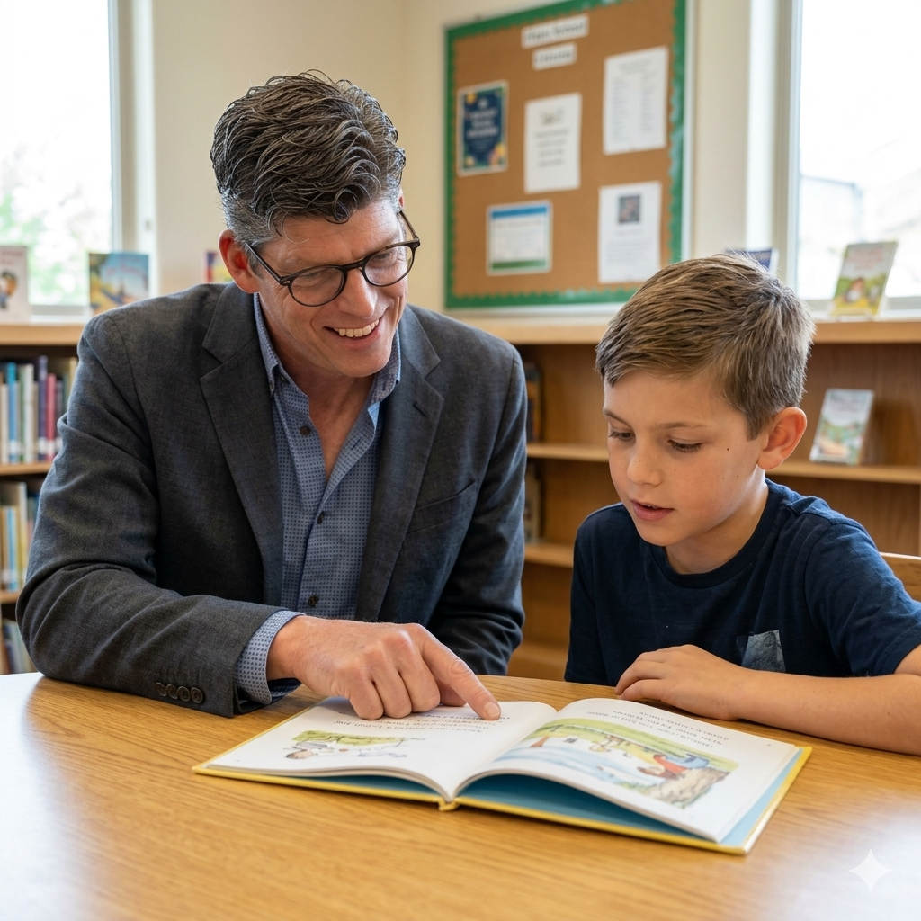 An adult man with glasses and a gray blazer reading a picture book with a young boy in a blue shirt as they sit at a wooden table in a library, smiling and engaging with the book.