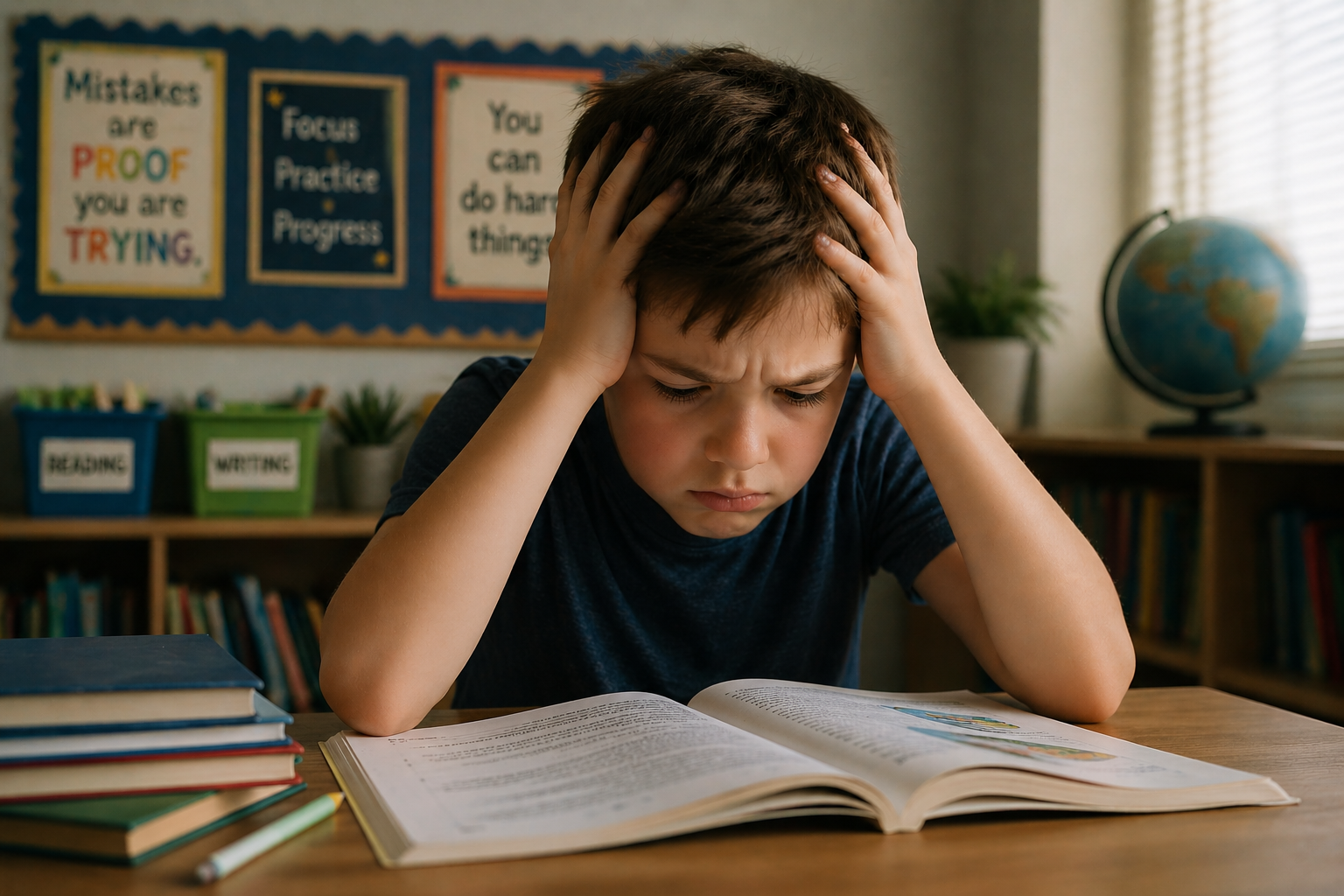 Young boy sitting at a desk with open book, holding his head with a frustrated expression, in a classroom with educational posters, books, and a globe in the background.