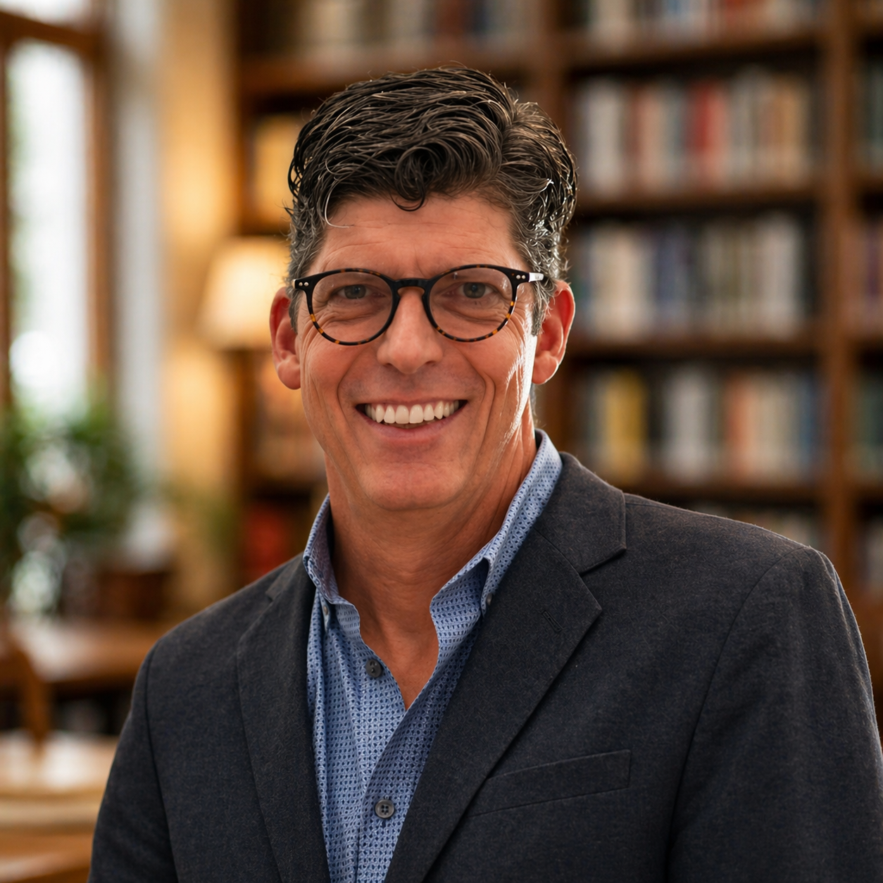 A smiling man in glasses, wearing a dark blazer and blue shirt, standing in a library with bookshelves in the background.