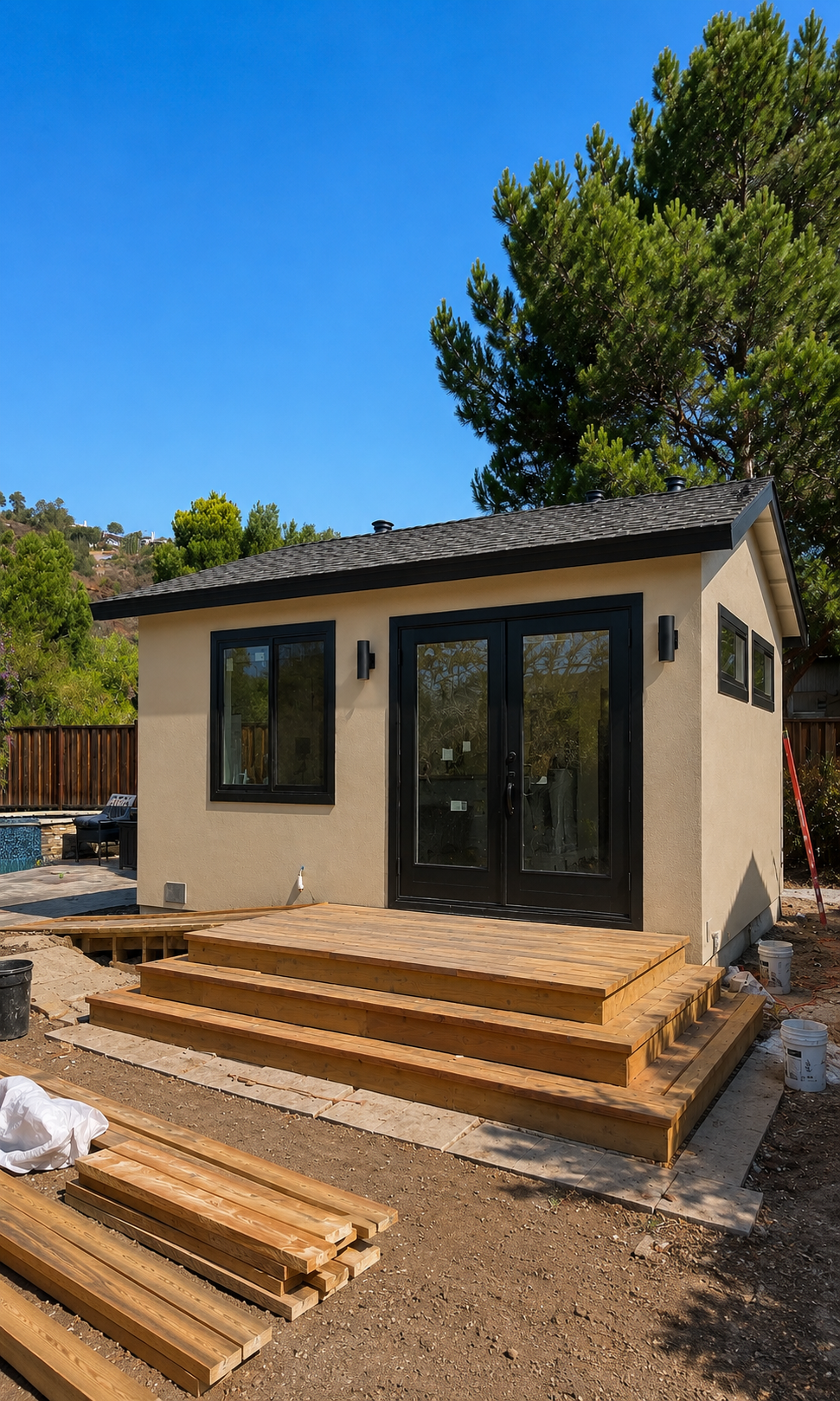 A small beige backyard building with black-framed double glass doors and windows, surrounded by greenery, with a wooden deck in progress, outdoors on a clear sunny day.