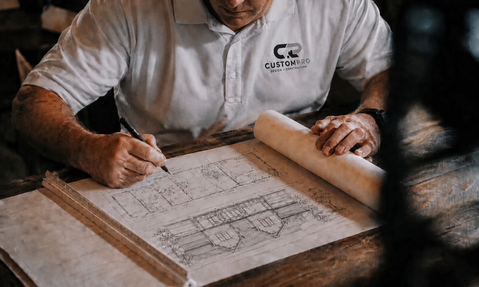A person wearing a white shirt with a 'Custom Pro' logo is working on architectural blueprints at a wooden table, using a pen and a ruler.