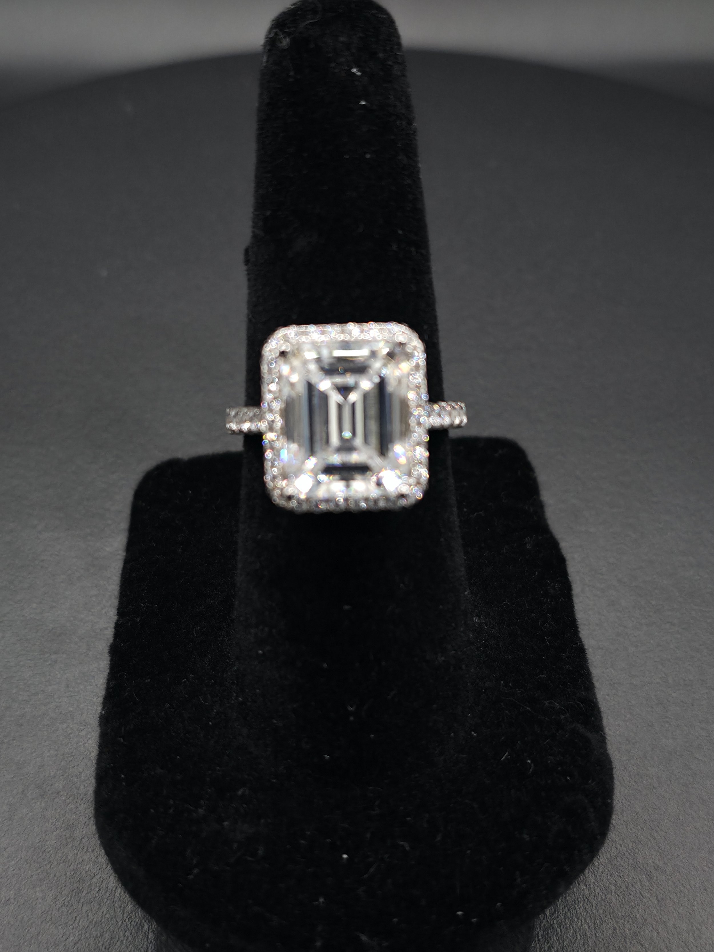 5.00 CTW Clear Moissanite Emerald Cut Halo Ring | Platinum Finish Over Sterling Silver