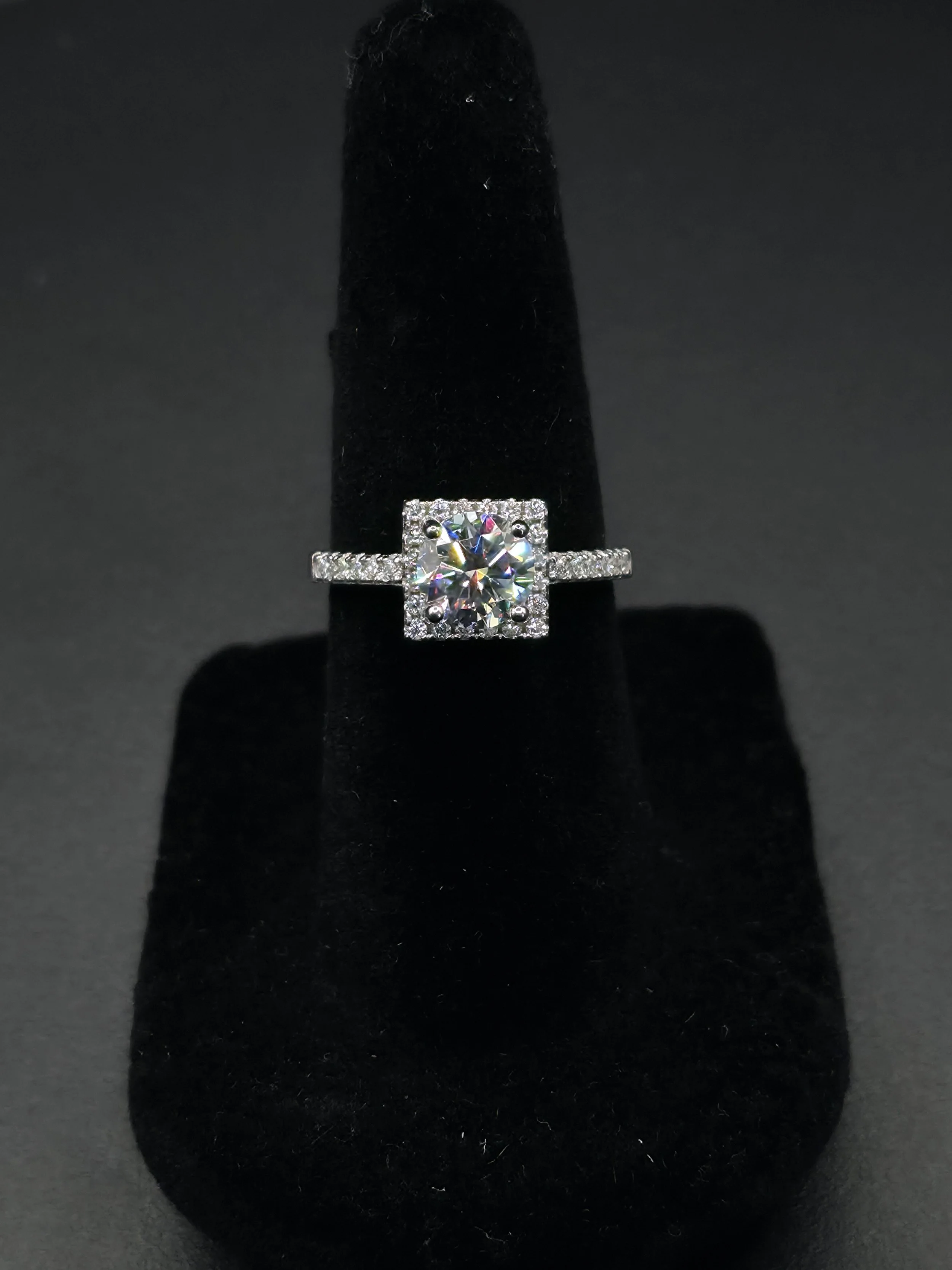 1.22 CTW Clear Moissanite Round Cut with Square Halo Ring | Sterling Silver