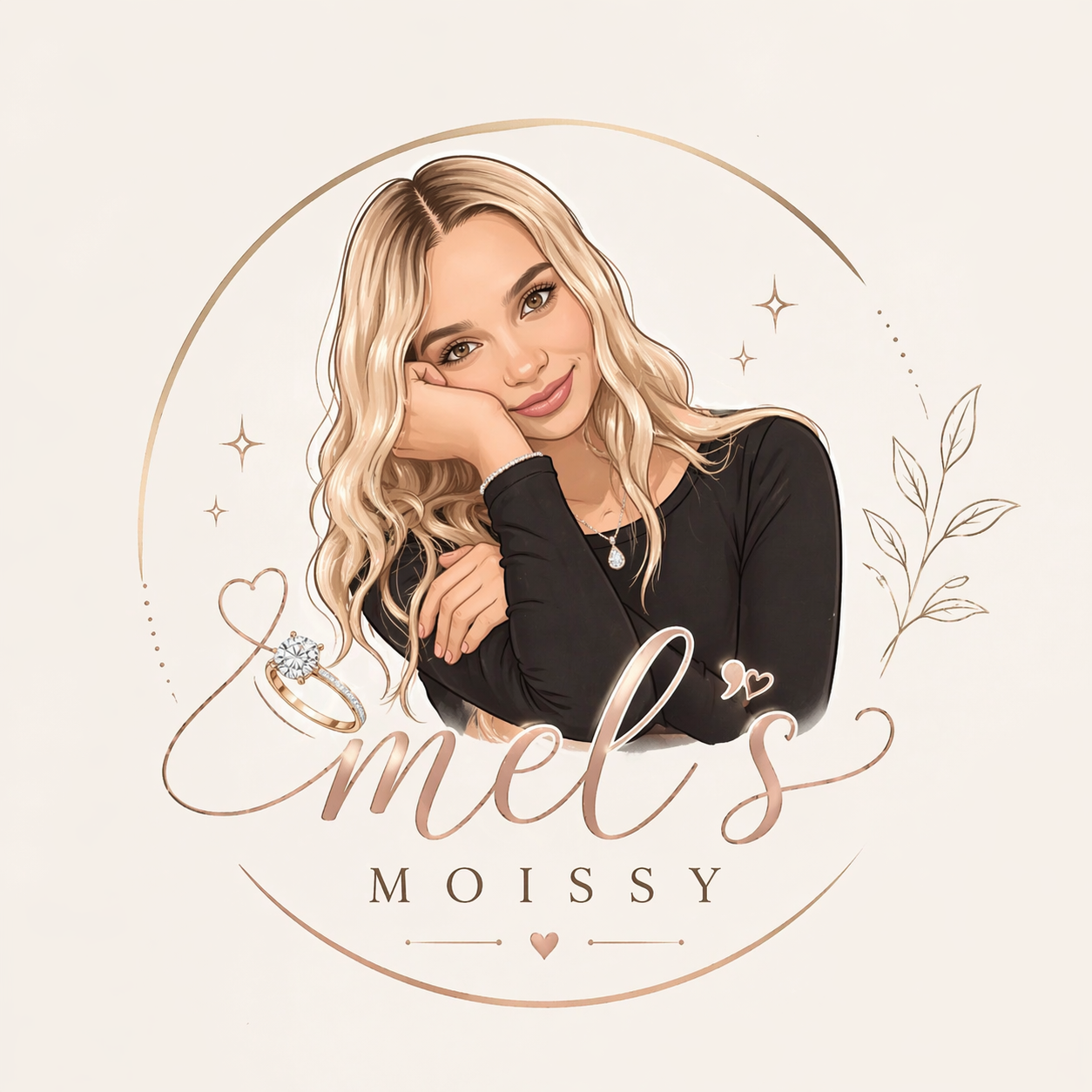 Digital illustration of a young woman with blonde wavy hair, wearing a black top, smiling gently with her head resting on her hand, surrounded by decorative elements including an engagement ring, stars, leaves, and the text 'mel's MOISSY' with a small heart.