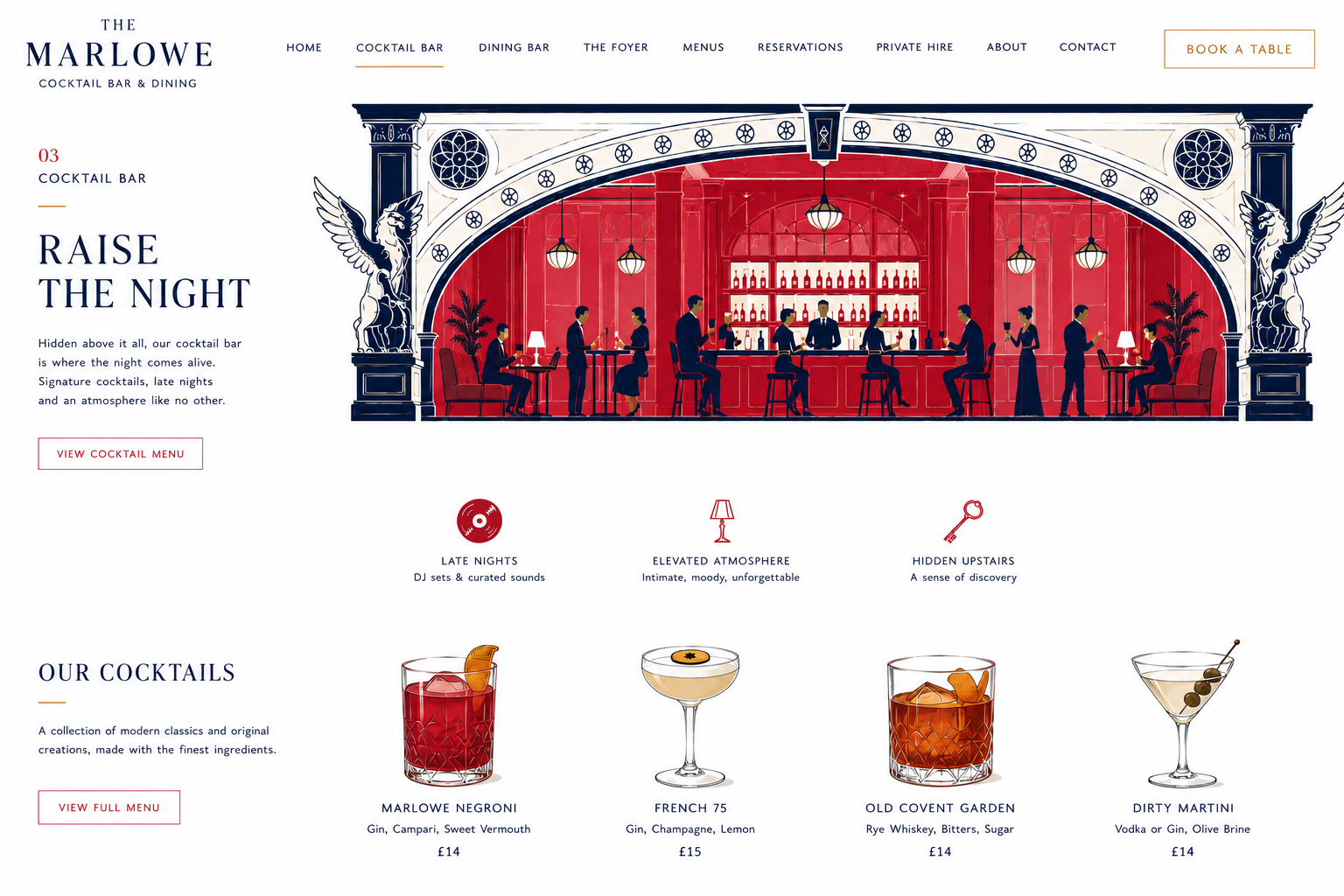 Elegant cocktail bar and dining webpage designed by Taylor & Crowne featuring bold art deco-inspired illustrations, refined serif typography, vibrant red-and-navy color accents, and curated cocktail visuals with an upscale nightlife aesthetic.