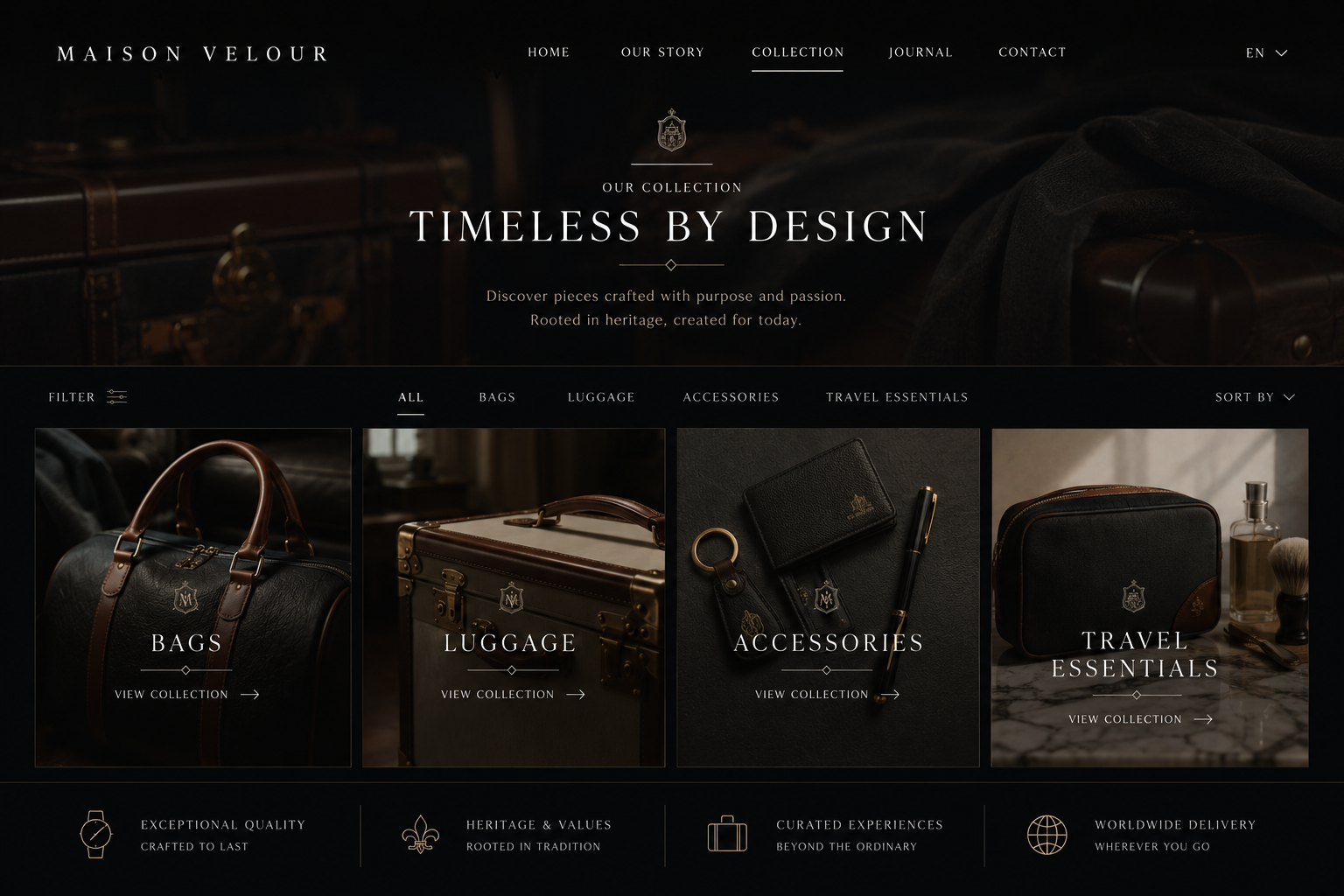 Luxury dark-themed leather goods collection webpage designed by Taylor & Crowne featuring elegant serif typography, cinematic product photography of bags and travel accessories, and a refined heritage-inspired aesthetic.