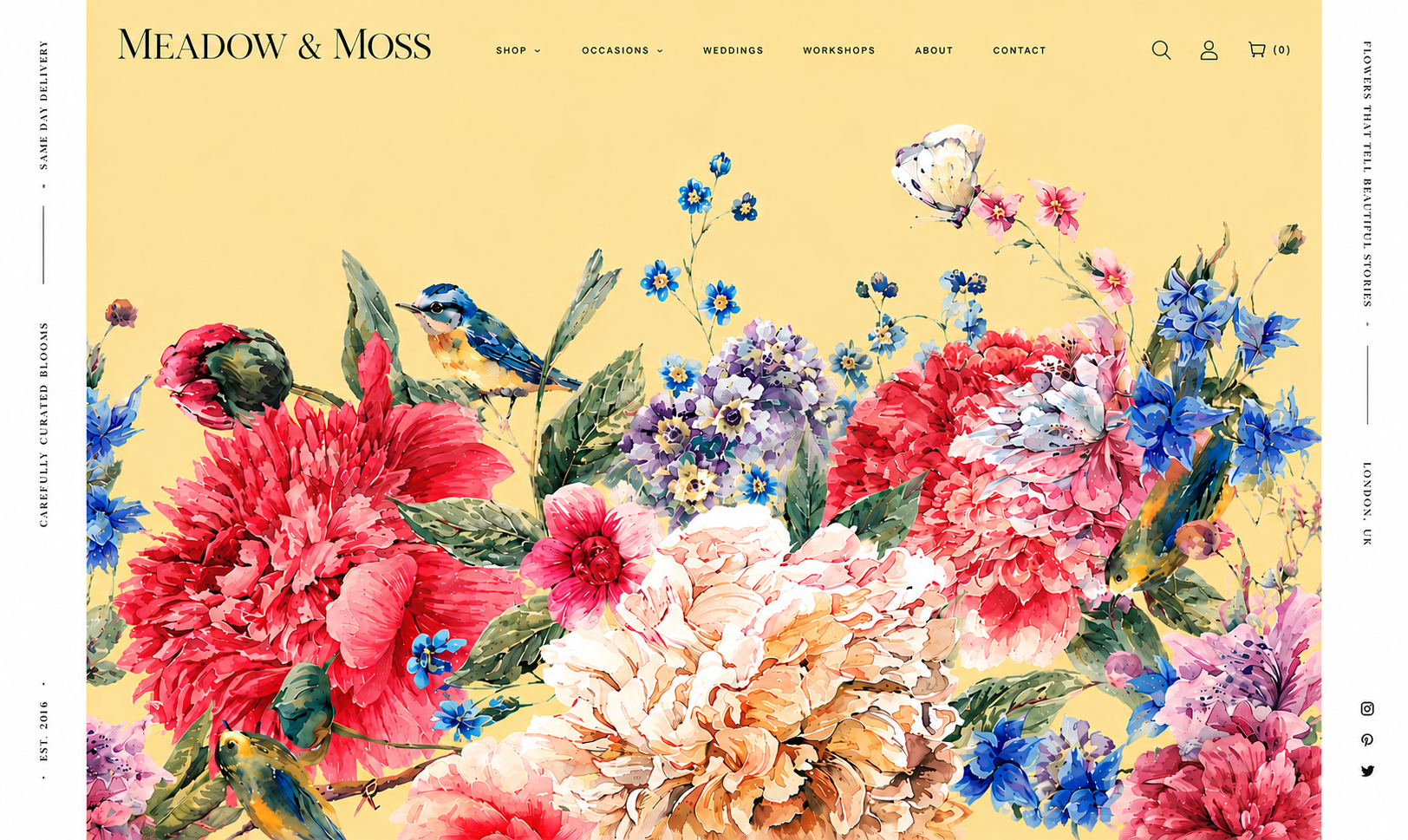 Homepage of Meadow And Moss - a website design project by Taylor & Crowne showcasing a colourful illustration of various flowers including peonies, hydrangeas, and delphiniums with birds and butterflies, on a yellow background.