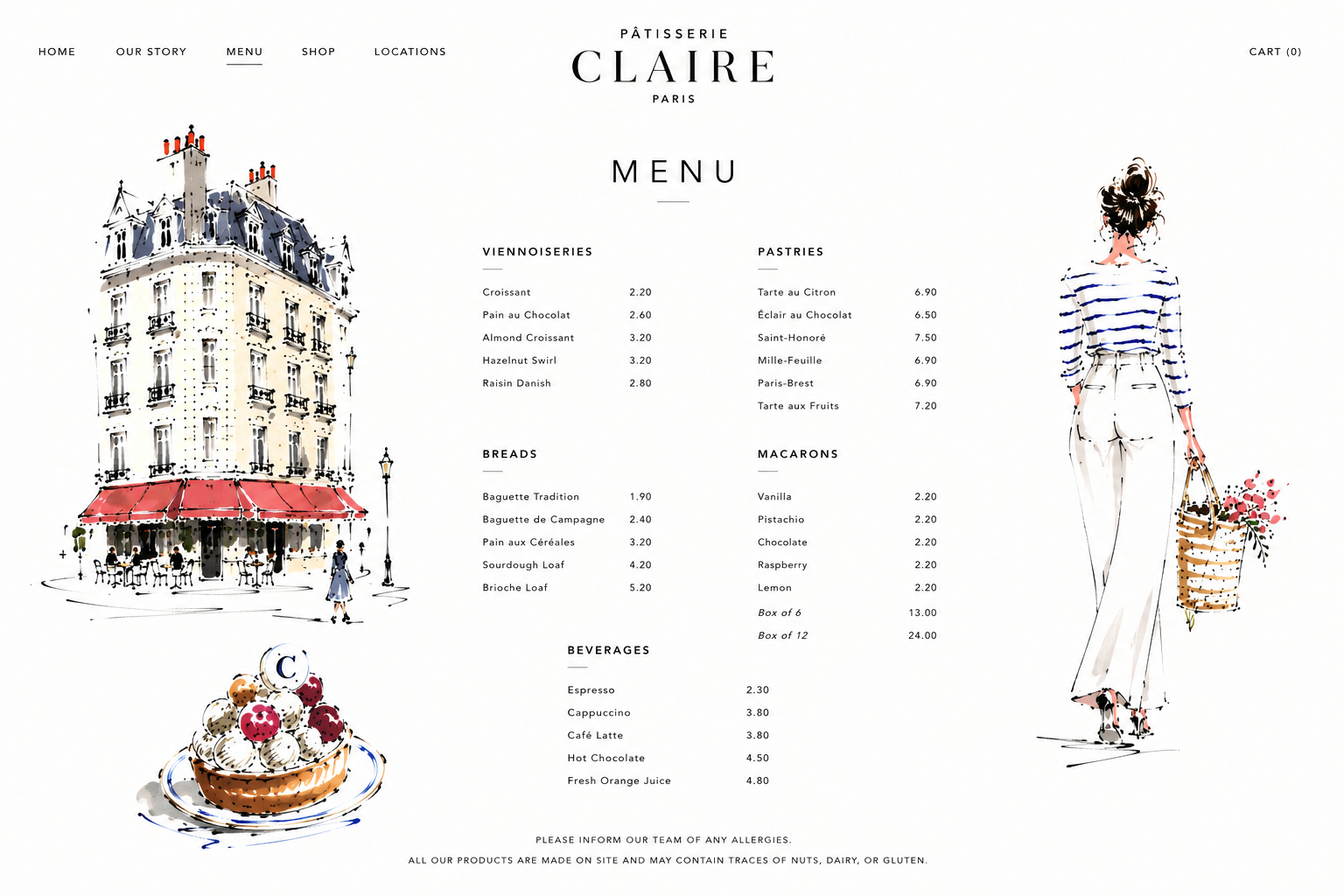 Elegant Parisian bakery menu webpage designed by Taylor & Crowne with minimalist typography, watercolor illustrations of a café and fashionable woman, and sections listing pastries, breads, macarons, and beverages with prices.