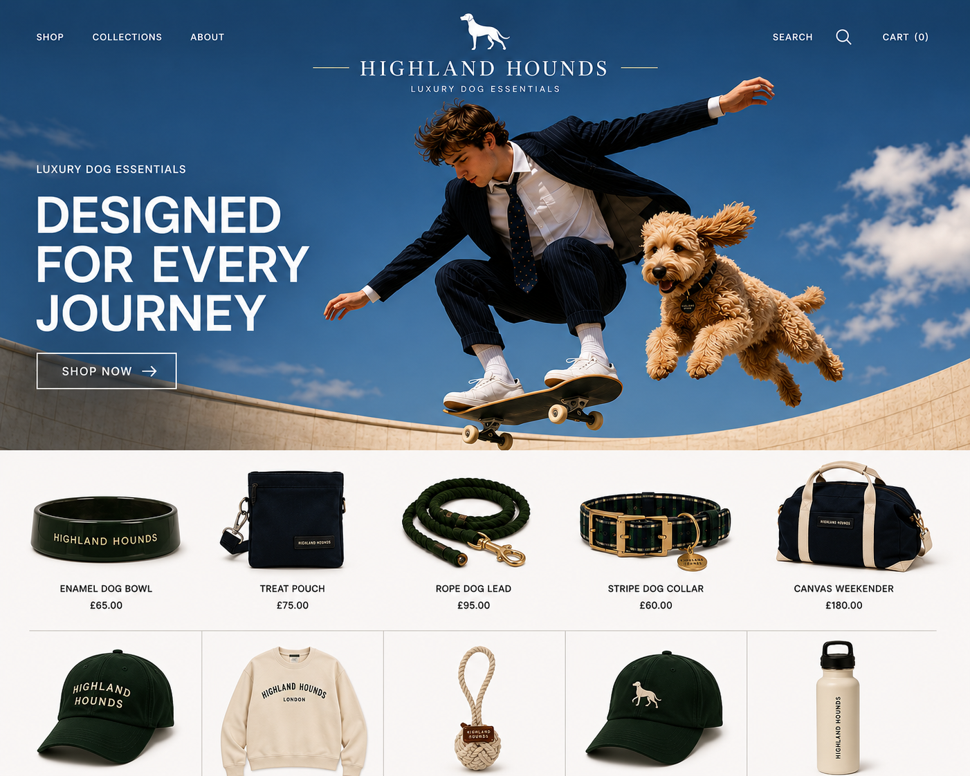 An online store homepage for Highland Hounds luxury dog essentials featuring a young man in a suit skateboarding with a fluffy dog against a blue sky, with product images of dog accessories and apparel below.
