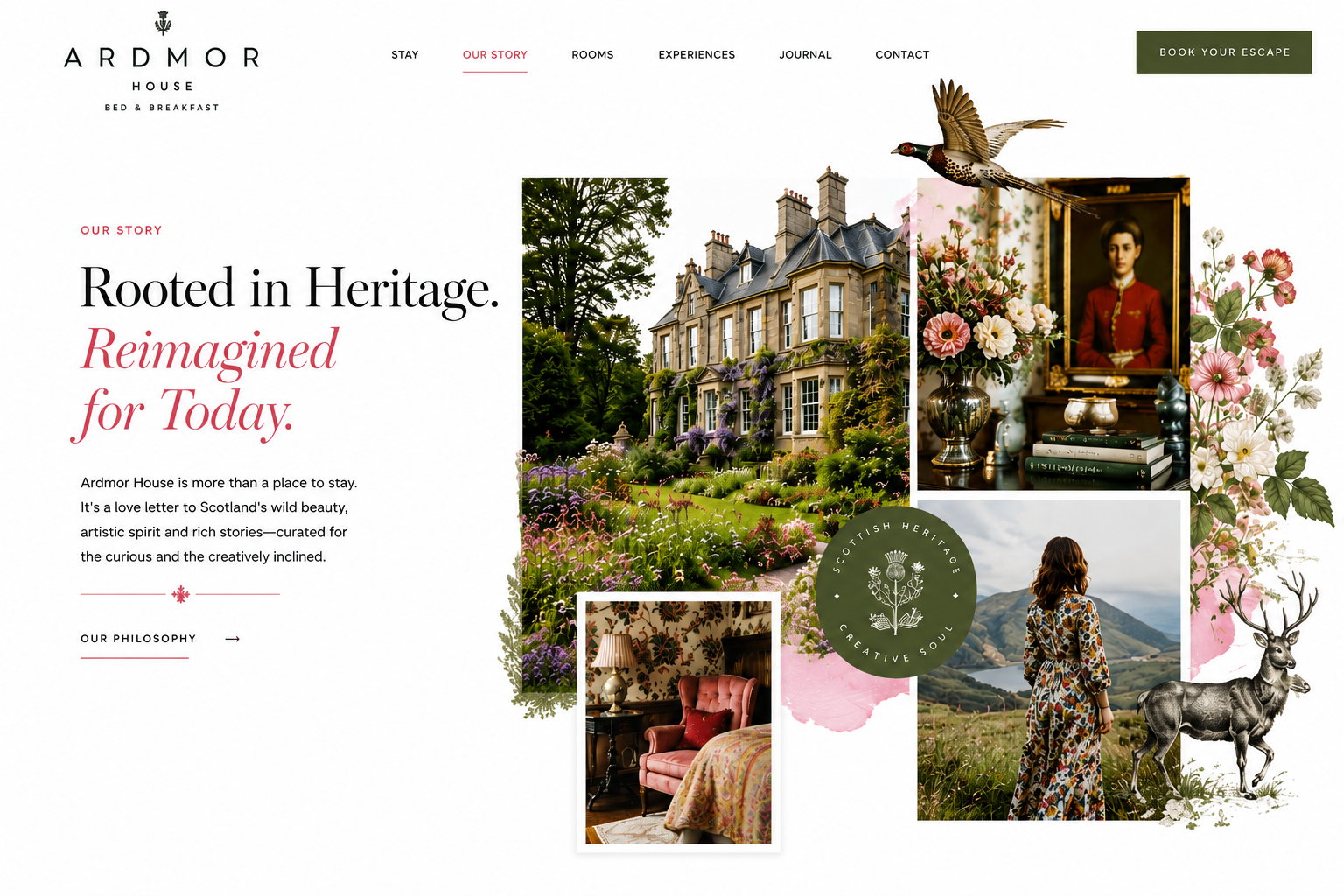 Elegant boutique hotel webpage designed by Taylor & Crowne blending heritage-inspired typography, romantic countryside photography, floral illustrations, and layered editorial-style collage elements with a refined Scottish luxury aesthetic.