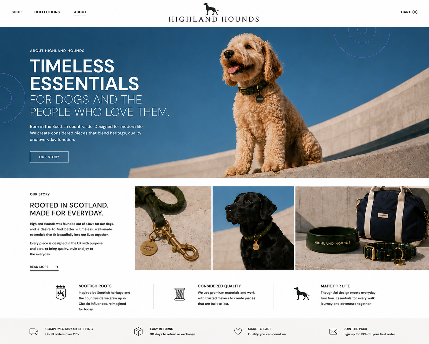 Modern premium dog lifestyle brand webpage designed by Taylor & Crowne featuring clean typography, warm photography of stylish dogs and accessories, and a refined Scottish-inspired aesthetic focused on quality and everyday essentials.
