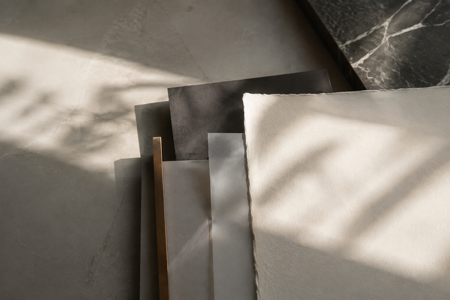 Abstract editorial composition of layered documents, architectural forms, and bronze details representing evidence-based executive decision-making.