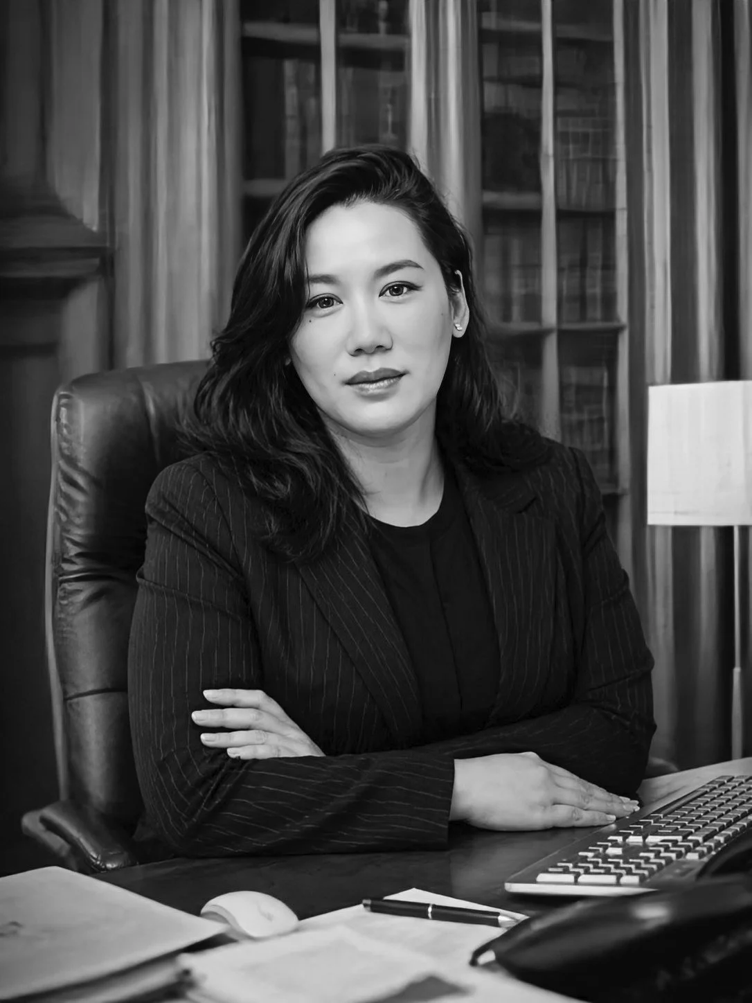 A woman with dark hair sitting at a desk in an office, wearing a pinstripe suit, with a bookshelf and curtains in the background.