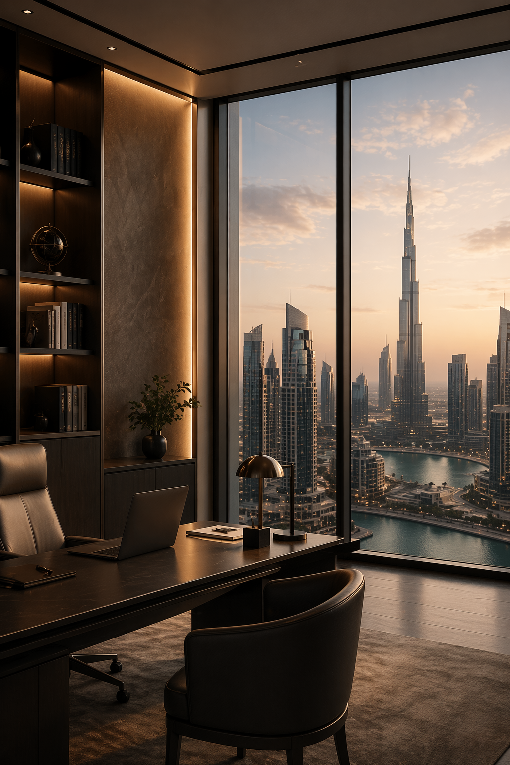 Modern office with a view of Dubai skyline including the Burj Khalifa, during sunset. The office has a dark wood desk, a leather chair, a laptop, a brass desk lamp, and built-in shelving with books and decorative items.