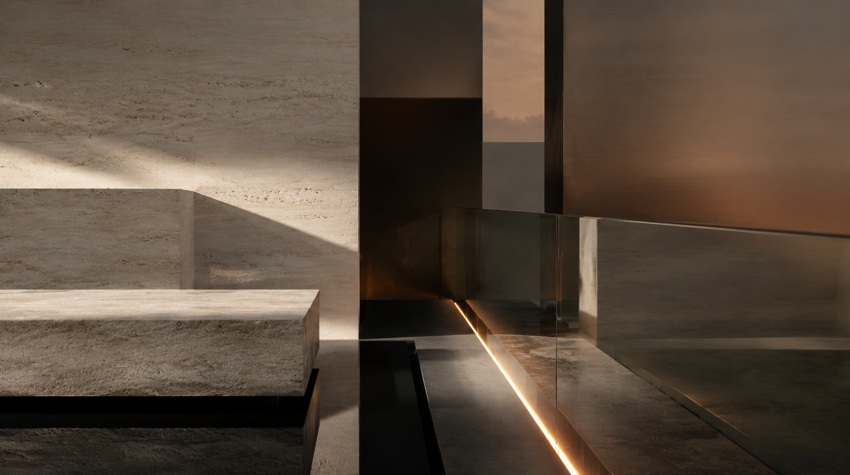 Abstract architectural composition in limestone, smoked glass, and bronze representing strategic clarity and connected decision-making.