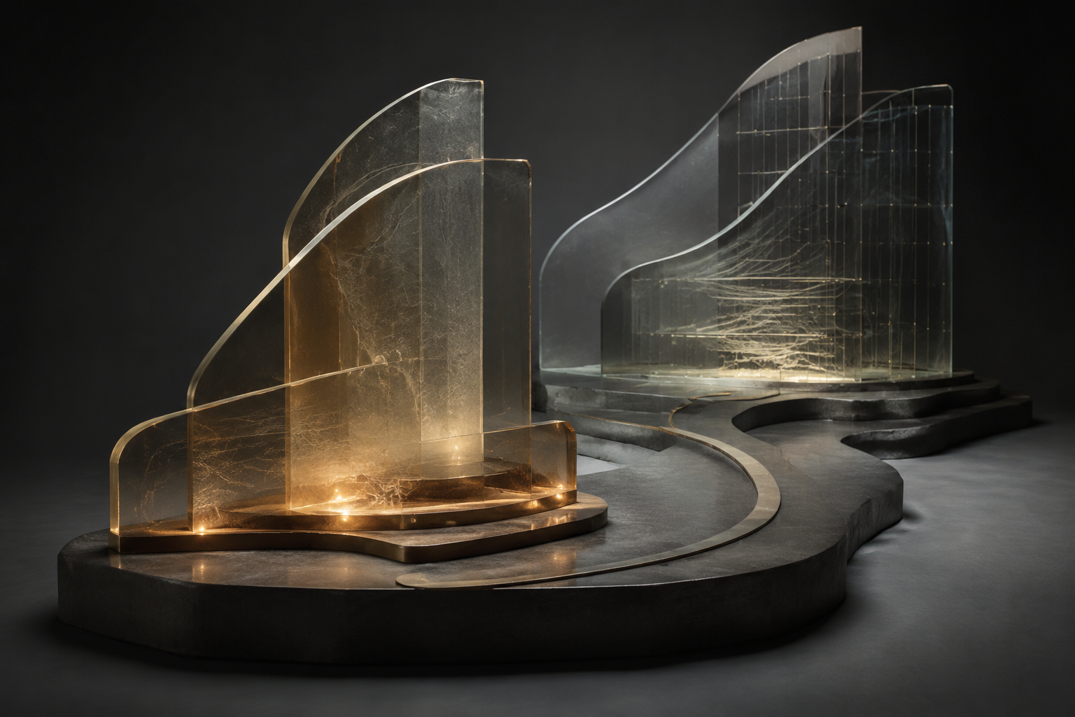 Abstract bronze and graphite sculpture representing modular executive technology and connected decision support.