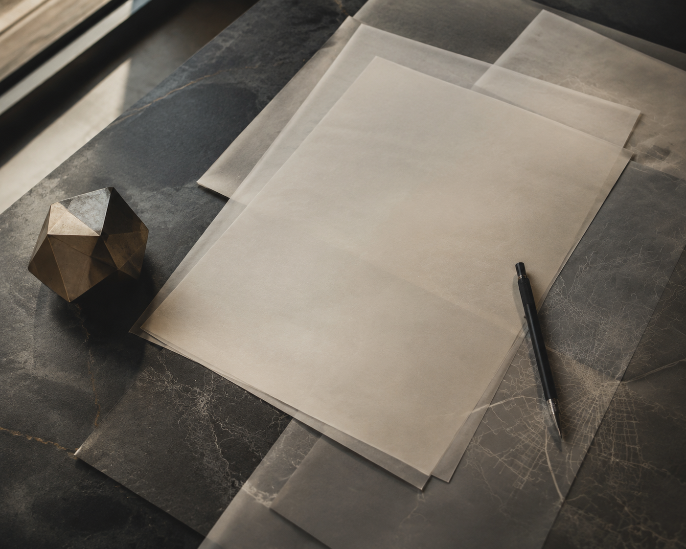 Editorial strategy workspace with layered vellum, a precision pencil, and a bronze geometric paperweight on dark stone.