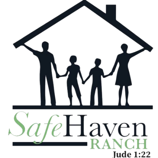 Silhouette of a family standing under a house outline, with the text "Safe Haven Ranch".