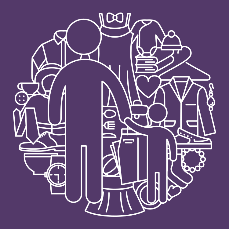 Line drawing of various healthcare-related items and two simplified figures, one larger and one smaller, holding hands, set against a purple background.