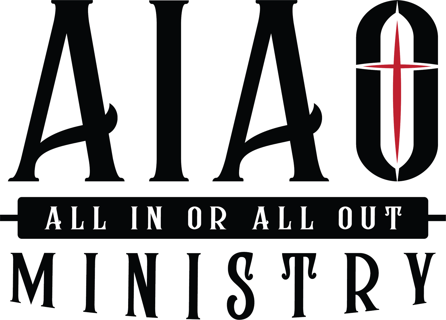 The word 'ALT' in large black letters with a decorative 'O' that contains a red and black sword. Below, the phrase 'ALL IN OR ALL OUT' is written in white capital letters on a black background. Underneath, the word 'MINISTRY' is displayed in large black letters.