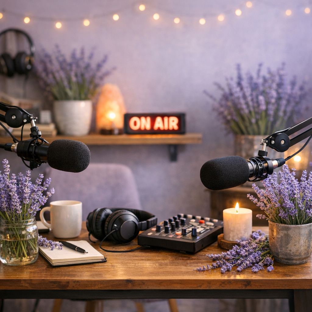 A podcast recording studio setup with two microphones, a sound mixer, headphones, a notebook, and a pen on a wooden table decorated with lavender flowers and a white candle. In the background, there are two potted lavender plants, a sign that reads 'ON AIR', and string lights on a gray wall.