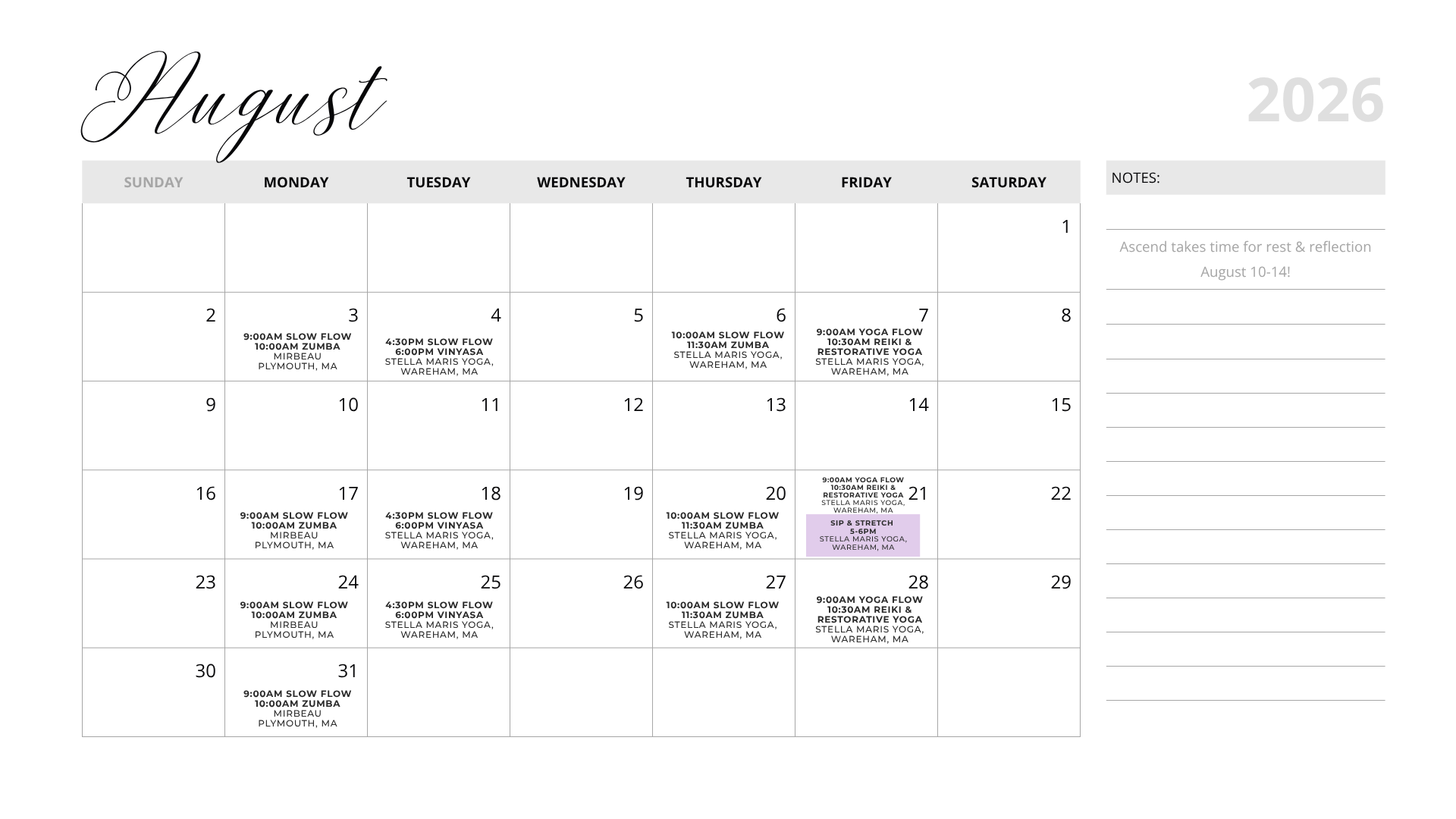 Monthly calendar for August 2026 with scheduled fitness classes including Slow Flow Yoga, Zumba, Vinyasa, ReiKi, Restorative Yoga, and SIP & Stretch, along with notes about rest and reflection.