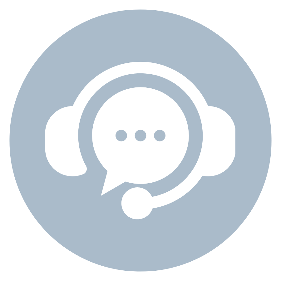 Icon of a speech bubble with three dots, surrounded by a headset, on a light blue circular background.