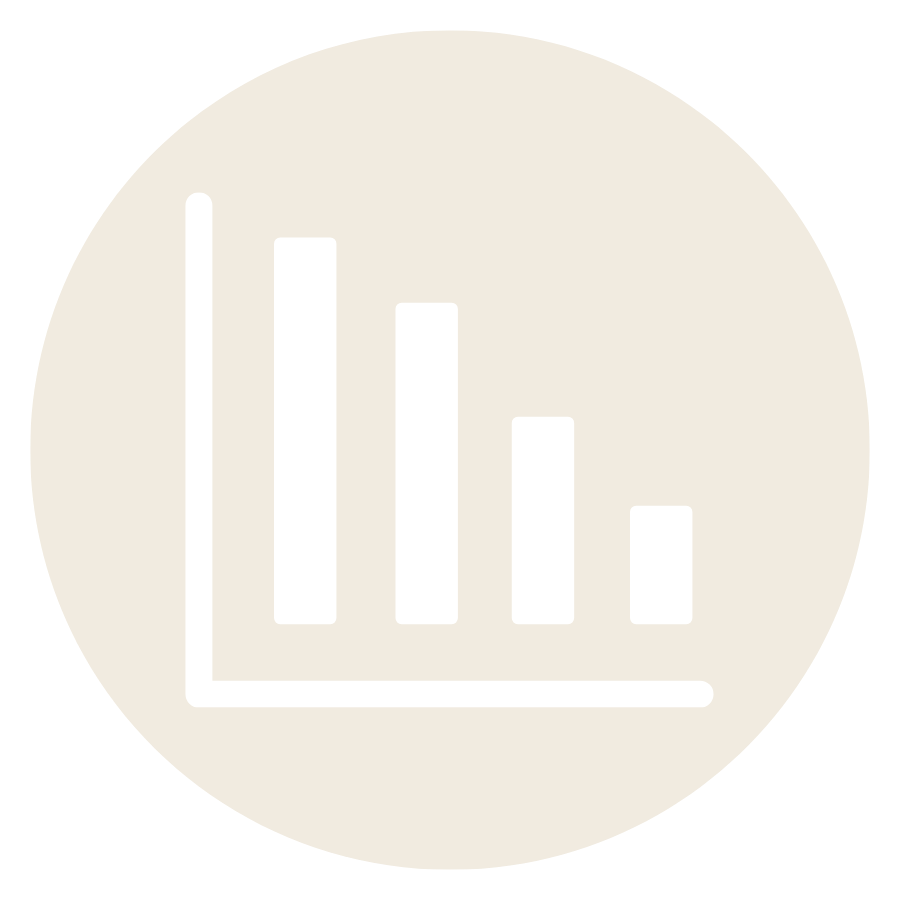 Stylized bar chart with five bars decreasing in height from left to right, on a circular background.