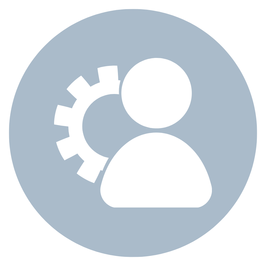 Silhouette of a person with a gear symbol behind them, representing user settings or profile options.
