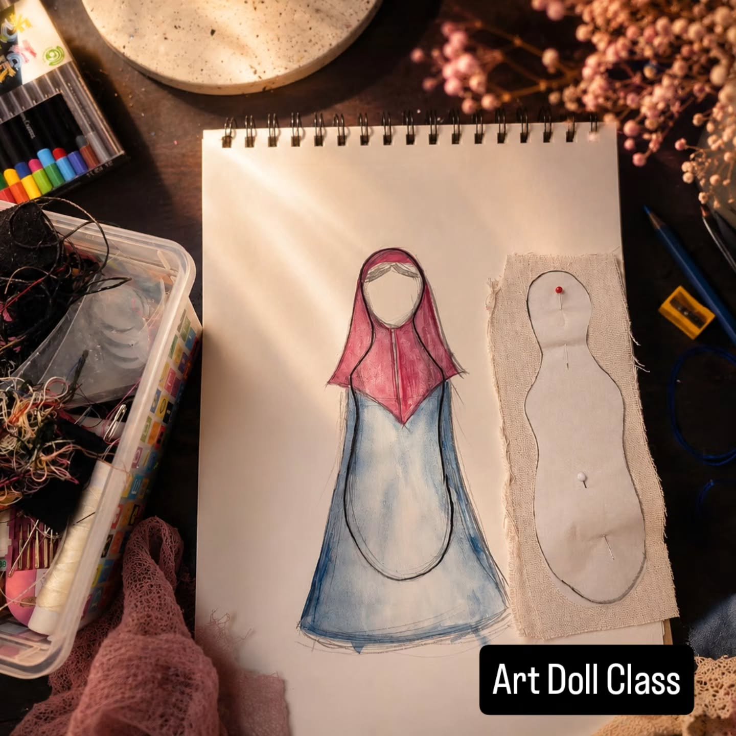 I&rsquo;m excited to announce my Art Doll for Beginners class this September at Arts Lab of South County!
During four Wednesday evenings, we&rsquo;ll explore the world of art dolls and create our own characters using fabric, hand sewing, mixed media,