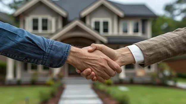 Two people shaking hands in front of a house.