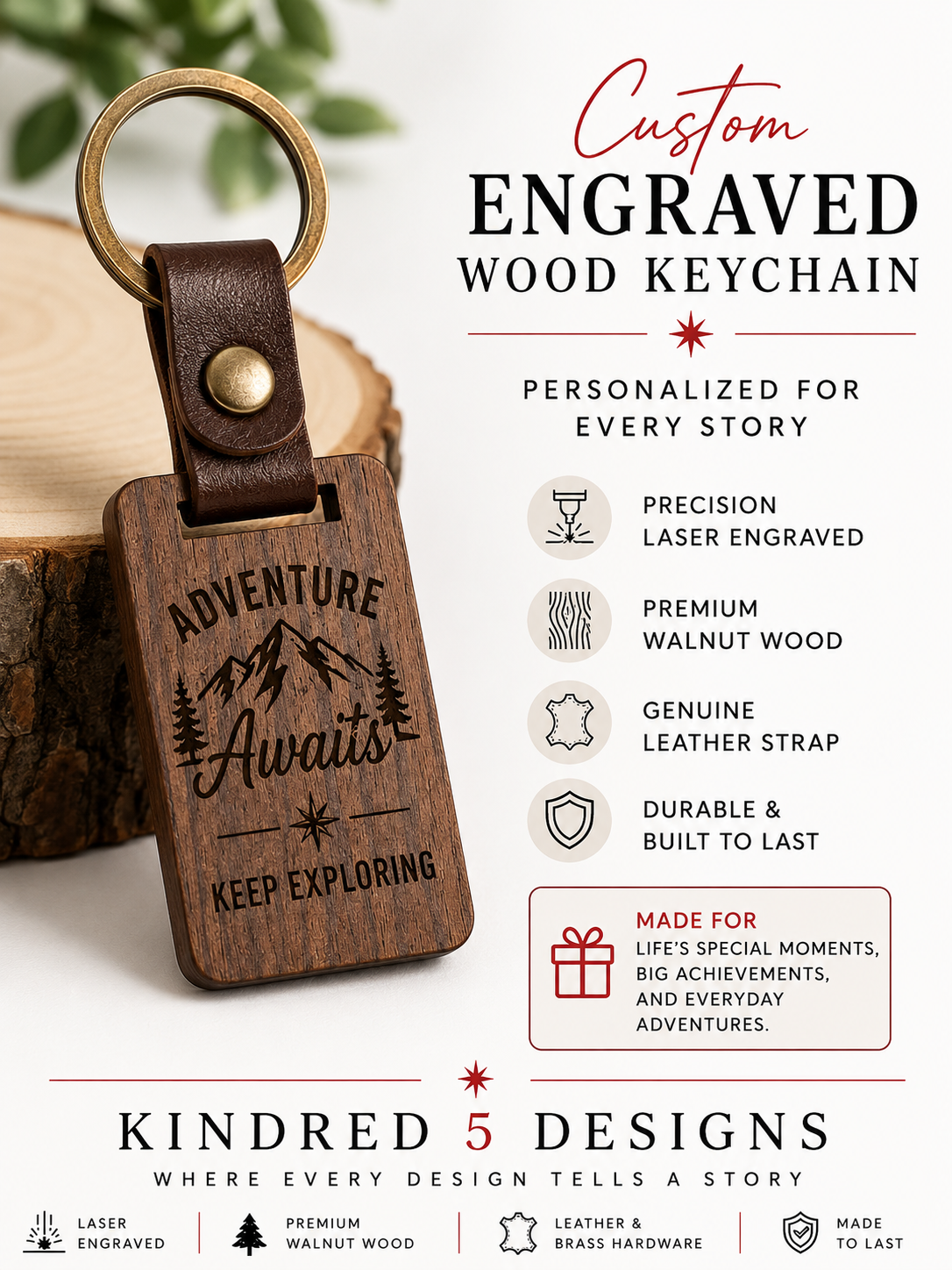 Custom Engraved Walnut Wood Keychain