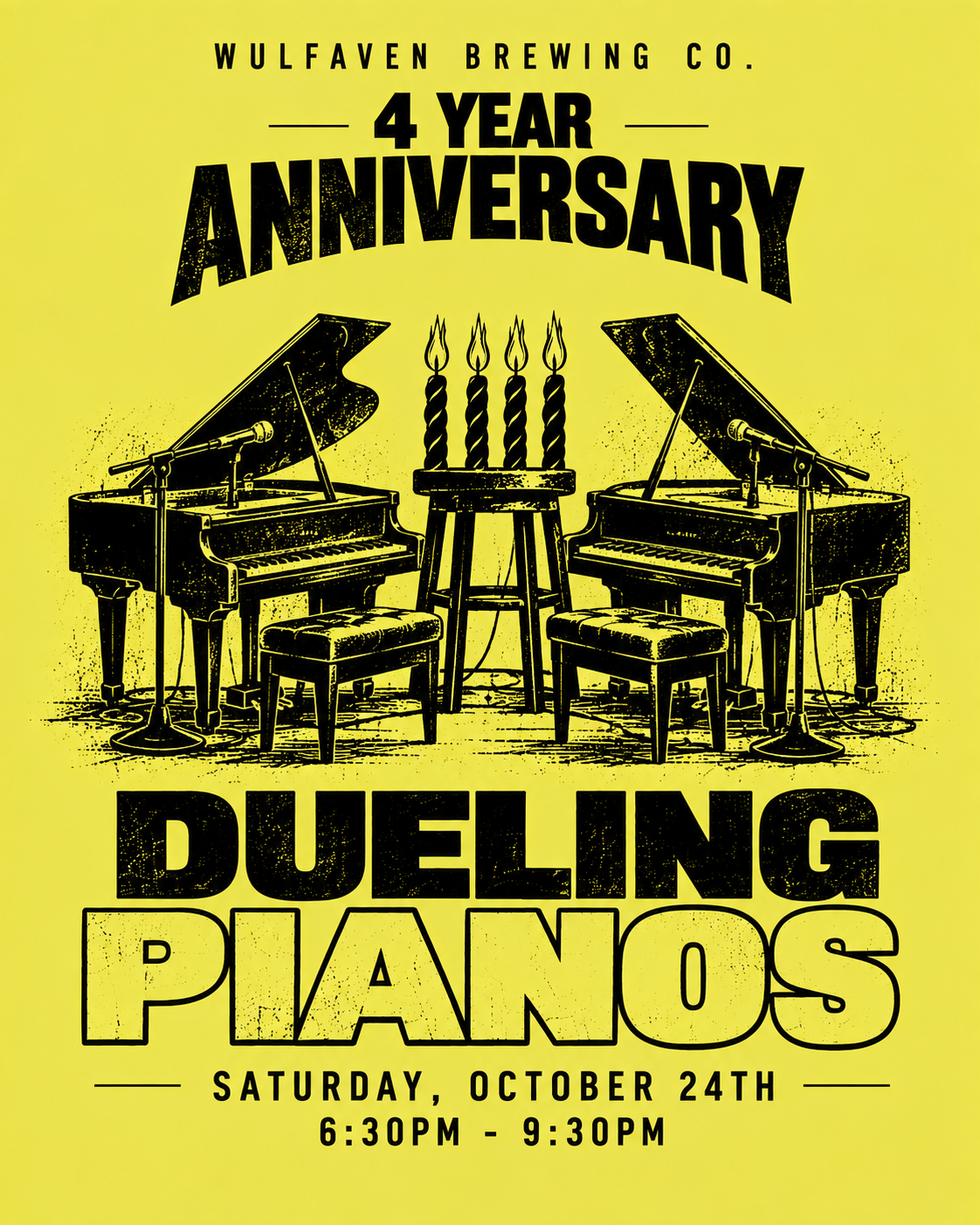 Yellow poster celebrating Wulfaven Brewing Co.'s 4th anniversary with illustration of two pianos, a cake with four candles, and event details including the date and time.