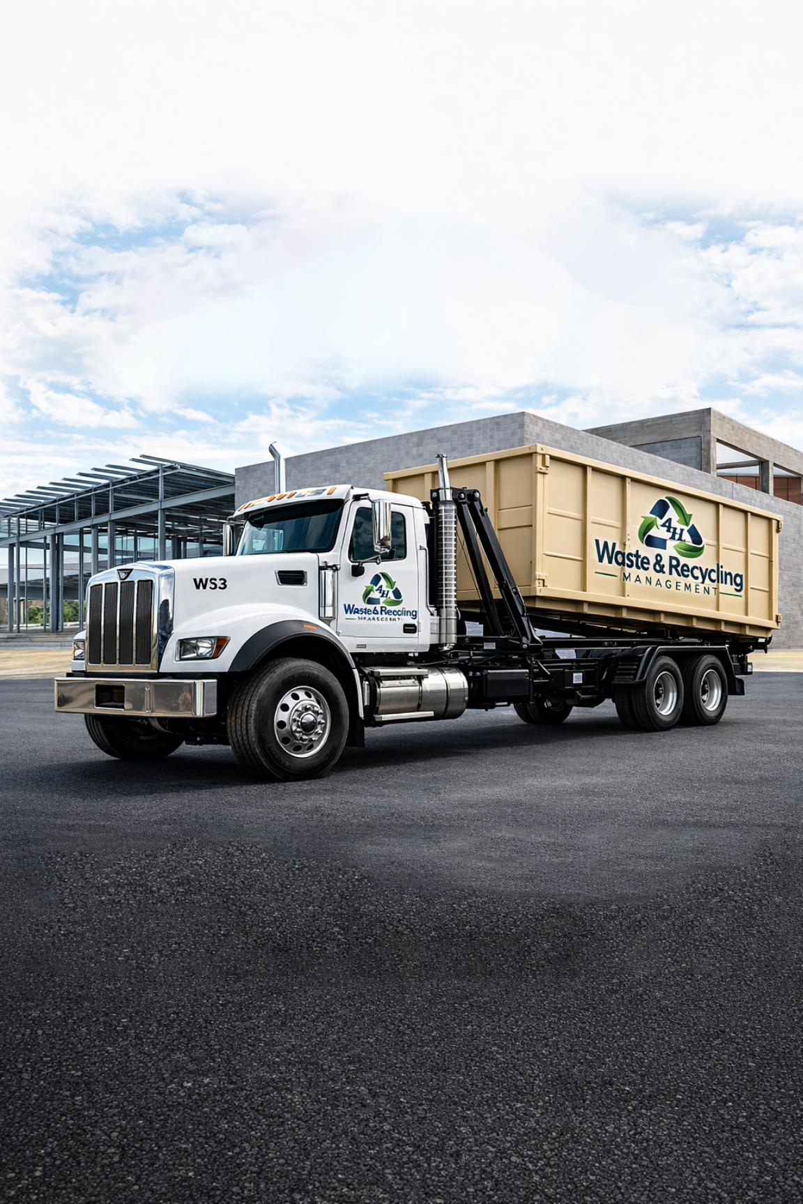 A rental, trash and recycling management truck parked in front of a modern building with glass and concrete architecture, under a partly cloudy sky.