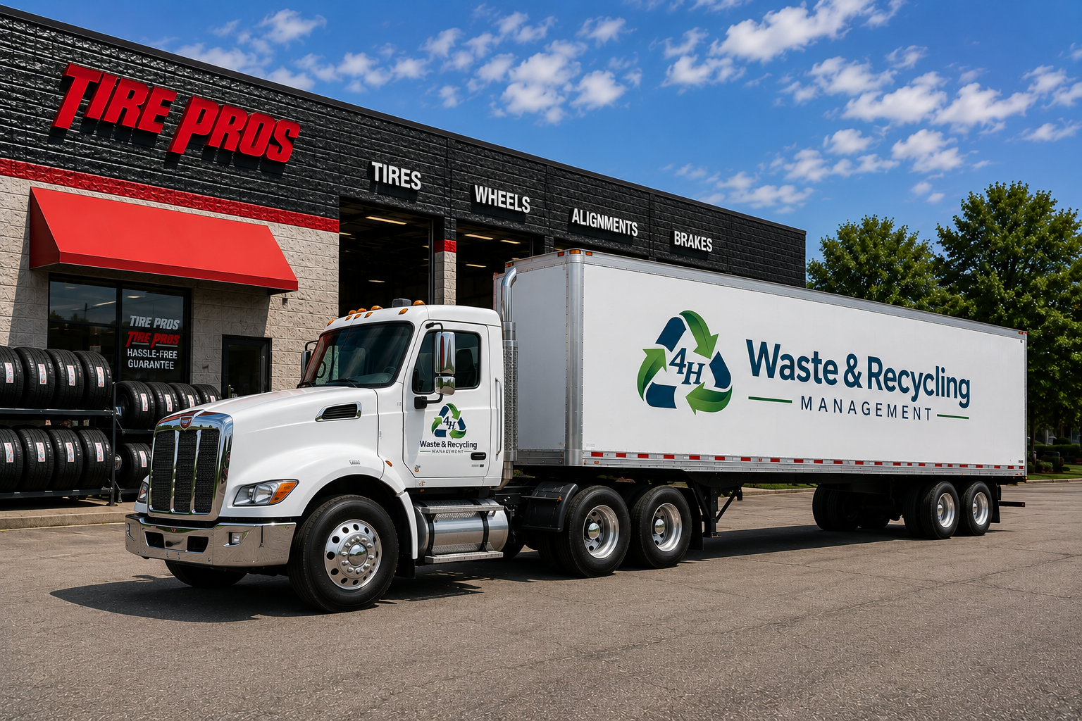 A rental waste and recycling management truck parked in front of a tire shop.