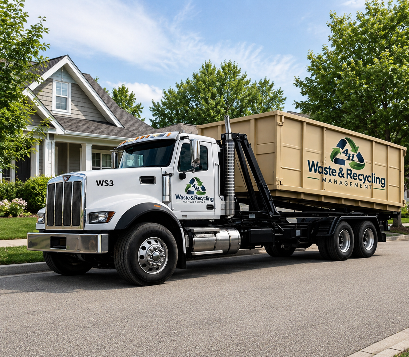 A white rental waste and recycling management truck parked on a residential street next to a house with a well-maintained lawn and trees.
