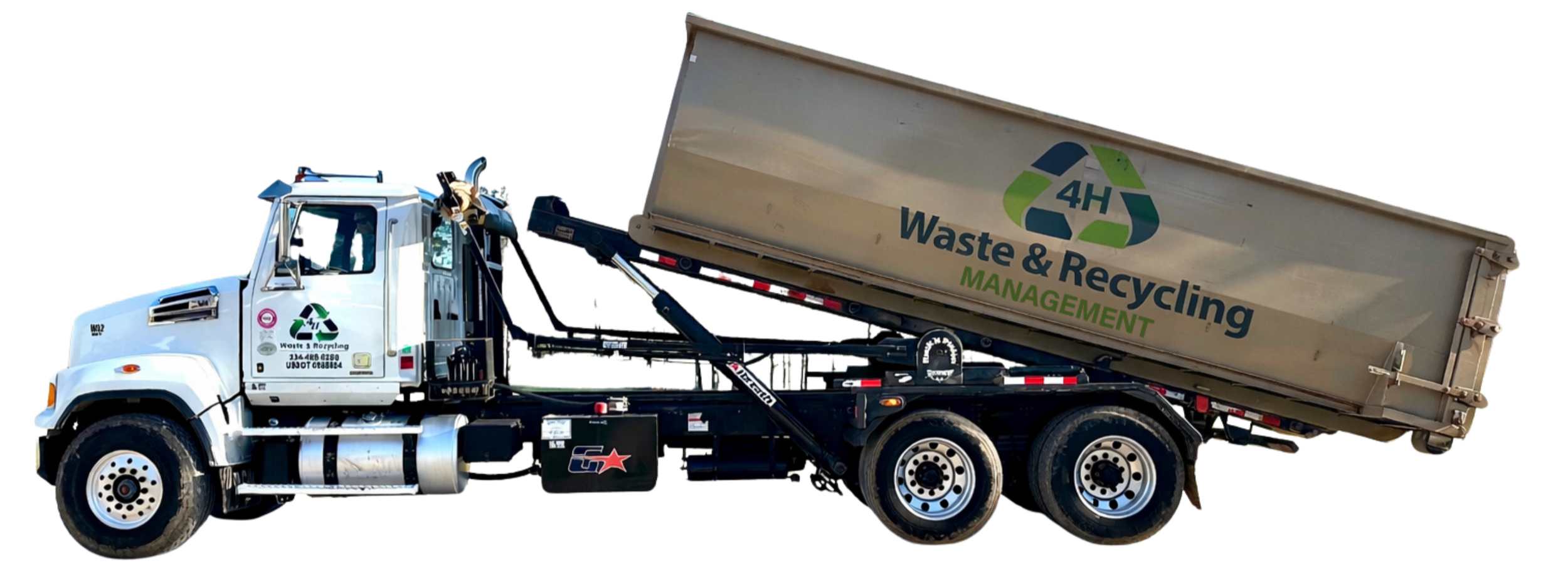 A rental garbage dumpster truck with a recycling logo and the words '4H Waste & Recycling Management' on the side, lifting a recycling dumpster.