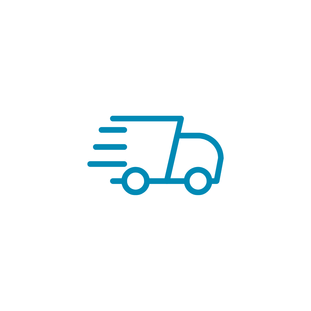 Blue delivery truck icon with motion lines on a black background.