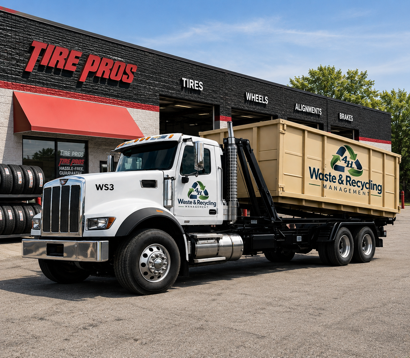 A white rental waste and recycling management truck parked outside Tire Pros auto shop with tires stacked to the side and a building with signage for tires, wheels, alignments, and brakes in the background.