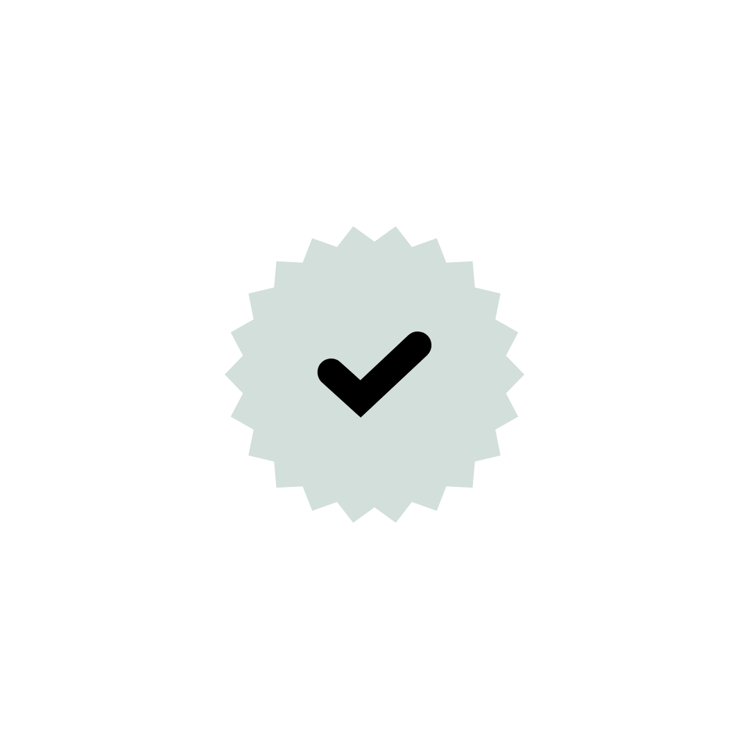 Black checkmark inside a white badge with a scalloped edge.